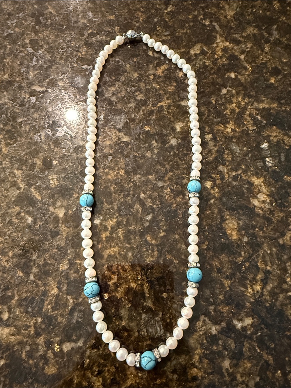 Classic White Pearl and Turquoise Bead Necklace - Women's Jewelry